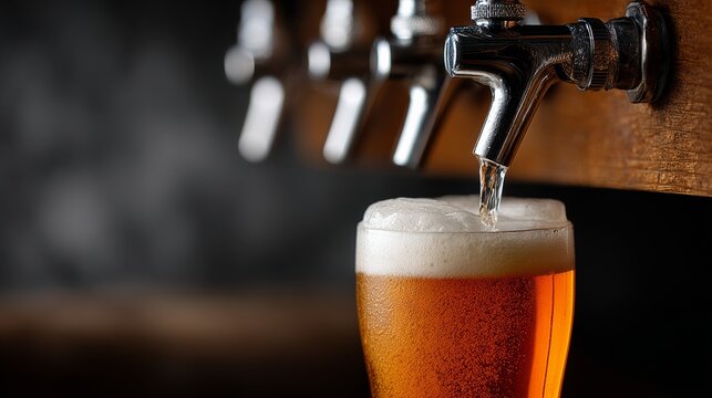 A tap is pouring beer into a glass. The beer is foamy and the glass is almost full