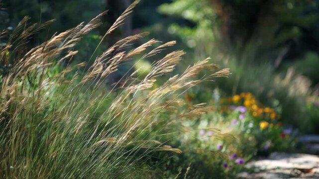 Medium shot capturing wild grasses swaying gently in a native plant garden emphasizing ecofriendly landscaping and natural movement.