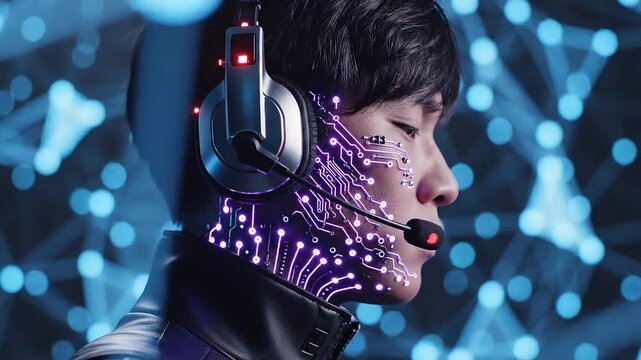 Profile of man with glowing neural circuitry wearing headset