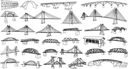 Hand-drawn sketch collection of various bridge types, illustrating architectural engineering and structural designs. © pixsource
