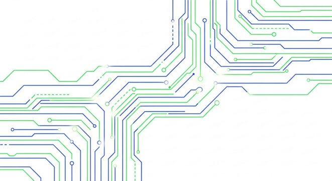 A vector graphic illustration of a circuit board design with blue and green lines on a white background