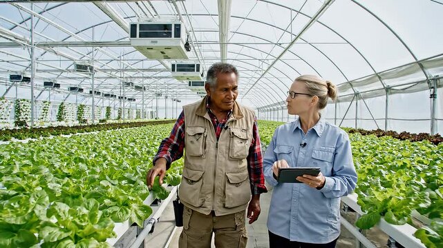 Farmers monitoring crops in modern hydroponic greenhouse with tablet