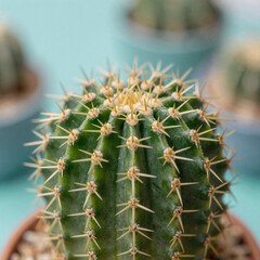 cute pastel, a macro photograph showcases a vibrant green cactus with golden spines against turquoise and bokeh light
