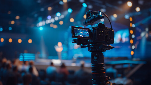 A professional video camera set up in a dimly lit auditorium.