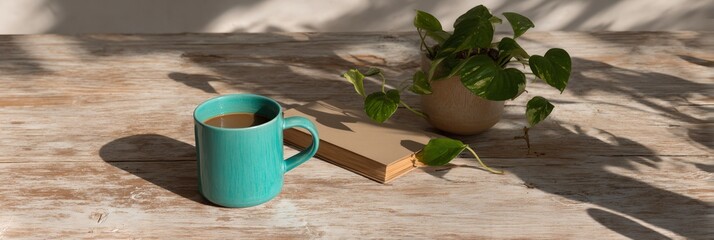 Blue mug with coffee sits on a table next to a notebook