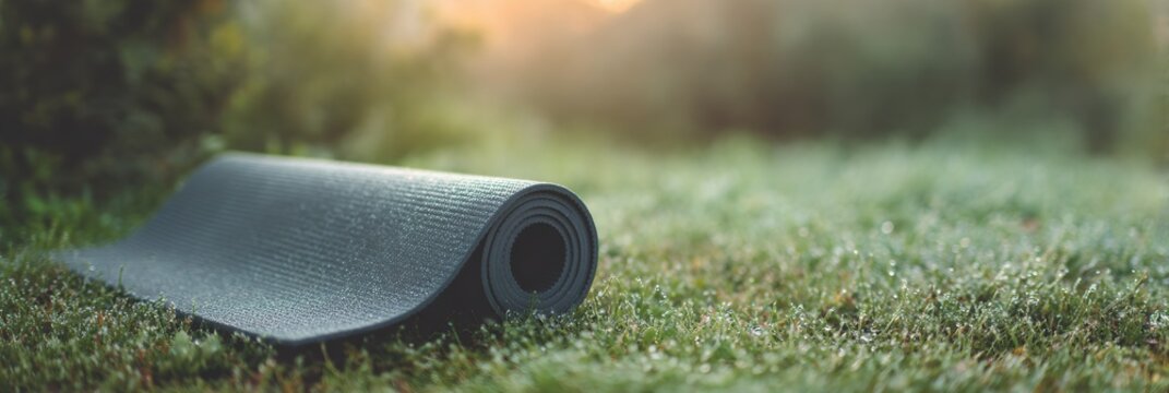 Yoga mat is laying on the grass