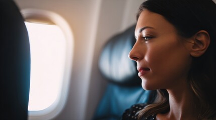 Woman is sitting in an airplane seat looking out the window