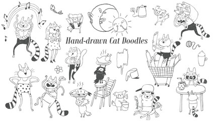 Obraz premium Doodle hand drawn cartoon cat characters, tattoo style storybook clipart set