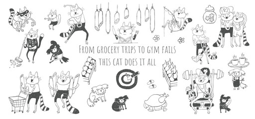 Obraz premium Doodle hand drawn cartoon cat characters, tattoo style storybook clipart set