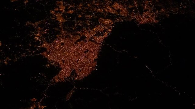 Flying over Tehran night lights view from space satellite view based on Nasa imagery