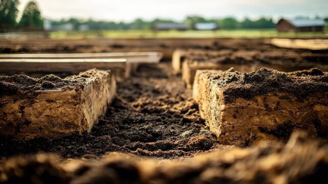 Closeup in a medium frame of biosolid drying beds in a rural setting demonstrating sludge transformation into biofuel for agriculture.