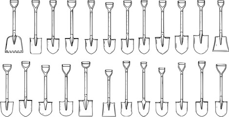 Detailed line art illustration set featuring various types of shovels and spades for gardening, construction, agriculture, and general digging work. © pixsource