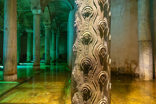 Ancient basilica cistern with decorated column and massive pillars in istanbul, turkey