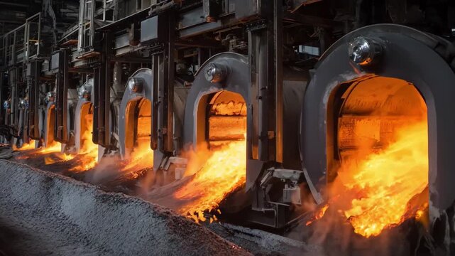 Medium shot of pyrolysis treatment in a modern plant focusing on rotating kilns and controlled heat application to waste materials.