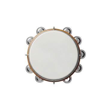 high quality flat lay of detailed brazilian pandeiro with wood frame, white goatskin head, and metallic jingles, isolated on studio white background, concept of brazilian culture and music