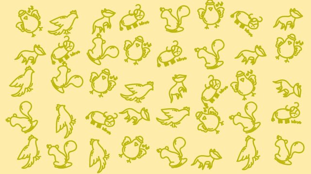 Hand drawn repeating doodles of birds and squirrels in green line art on a beige background ideal for kids wallpaper fabric packaging and surface design.
