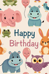 Obraz premium Cute Baby Animals Happy Birthday Card. Adorable Elephant, Hippo, Owl and Bunny Greeting Design. Whimsical Nursery Wall Art, Kids Party Invitation and Pastel Pattern Background for Toddler Celebration.