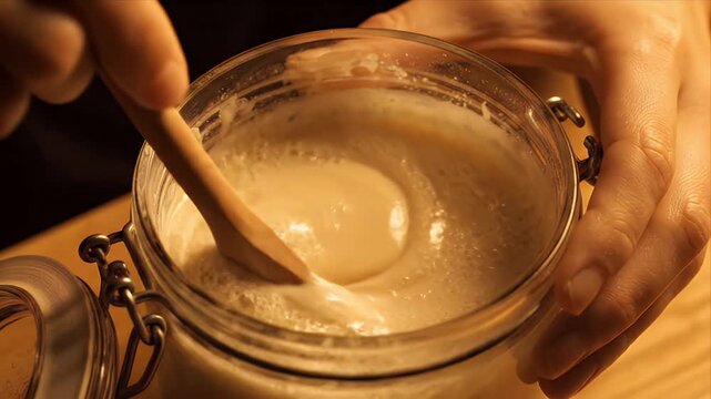 Close Up Hands Stirring Beige Fermented Liquid in Glass Jar with Wooden Spoon Food Preparation Rustic Kitchen Warm