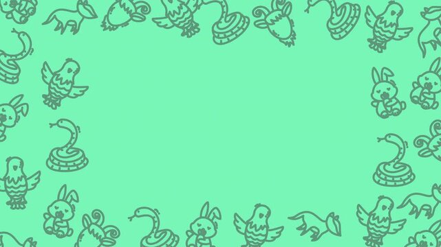 Mint green seamless doodle border with playful hand drawn animal icons on a pastel background ideal for kids designs banners packaging social media and nursery decor.