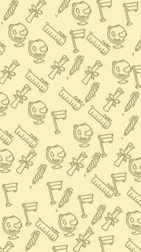 Hand drawn seamless pattern of education icons on a warm beige background featuring globes rulers quill pens flags diplomas and ribbons ideal for school themed designs packaging and digital background