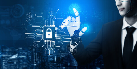 AI safeguarding cyber security system, monitoring threats, analyzing attack patterns, and securing digital infrastructure using intelligent encryption protocols. Vouch © InfiniteFlow