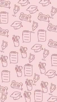 Seamless pink doodle pattern featuring school stationery icons such as notebook pencil pen alarmclock and graduation cap ideal for backgrounds packaging and educational designs.