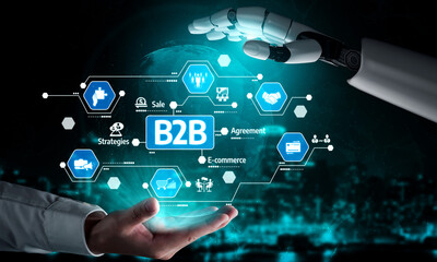 Fototapeta premium A captivating image illustrating a robotic hand reaching out to a human hand, symbolizing the digital transformation in business-to-business interaction and commerce. Tessel