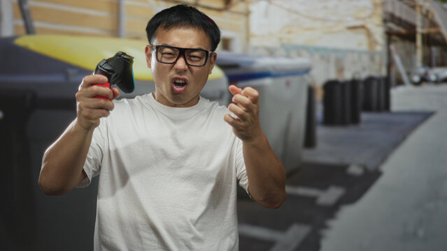 Young chinese man examines a broken game controller next to a large recycling container on a busy city street; frustration.