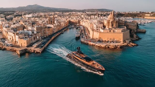 A professional team navigating a sleek highend yacht carefully through narrow harbor channels for repossession purposes.