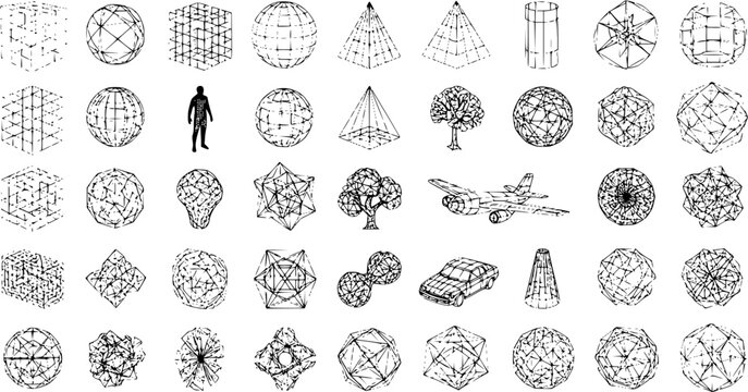 Hand-Drawn Wireframe 3D Geometric Shapes Collection with Abstract Forms and Objects for Science, Technology, Math, and Design Concepts