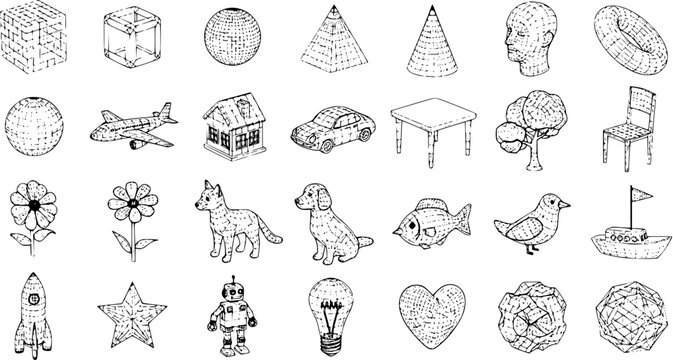 Hand-Drawn Wireframe Doodle Icons Set of Various Objects and Concepts. Includes Geometric Shapes, Animals, Vehicles, and Everyday Items in Sketch Style