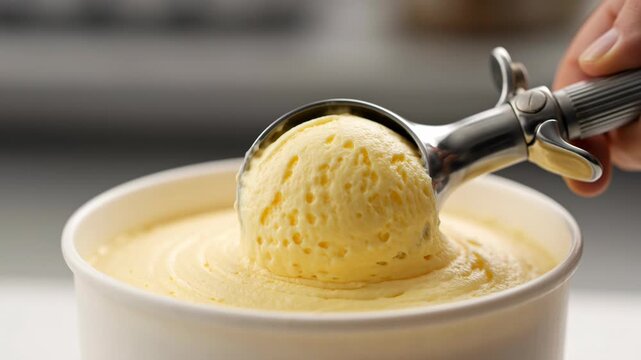 Scooping a creamy, rich, yellow ice cream from a white container