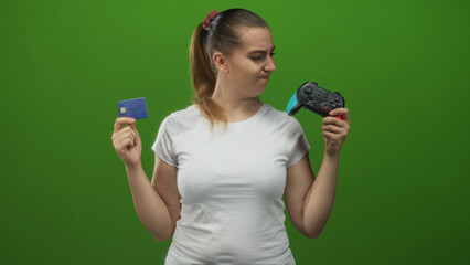 Woman holds gamepad in right hand and creditcard in left hand, frowning and squinting while comparing payment options in studio  buying dilemma frustration. © Krakenimages.com