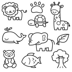 Obraz premium World Wildlife Day Cute Animal Doodle Icon Set Black and White Line Art