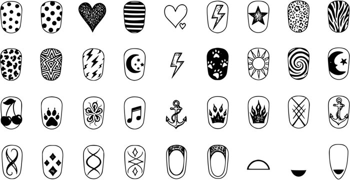 Nail Art Designs: Hand-Drawn Black  White Icon Set for Manicures