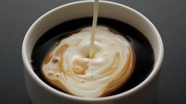 Cream being poured into a cup of black coffee with gray background