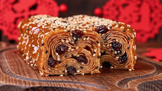 Traditional Chinese honey cake with raisins and sesame seeds sitting on a rustic wooden board. Festive Lunar New Year celebration dessert concept. Sweet oriental pastry background footage.