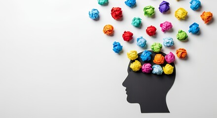 A silhouette of a head with colorful paper balls emerging from it