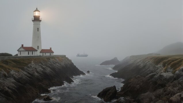 Yaquina Head Lighthouse Oregon Coast Foggy Morning Ocean Waves Crashing Rocky Shoreline.