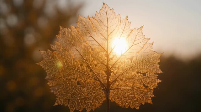 Golden sunset illumination through the intricate structure of a delicate leaf