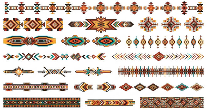 A collection of vibrant and colorful tribal patterns and designs in a vector graphic format