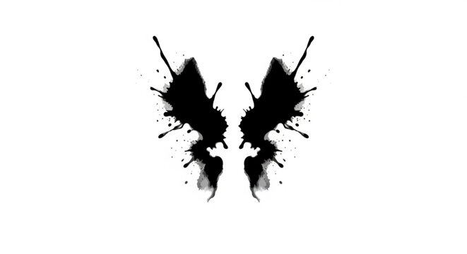A minimalist vector graphic illustration of a symmetrical black inkblot design on a white background