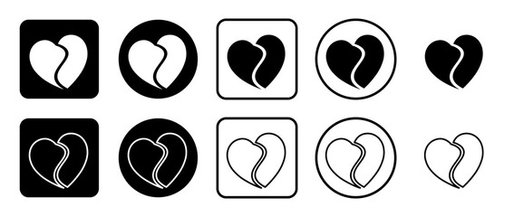 Icon set of two halves of a heart symbol. Filled, outline, black and white icons set, flat style.  Illustration on transparent background