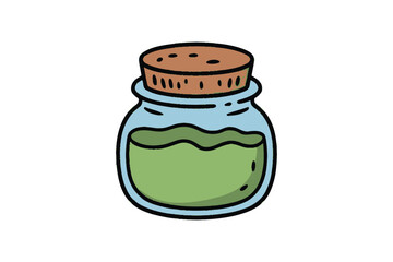 Small glass jar containing green liquid is sealed with a cork stopper firmly.