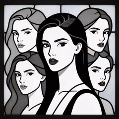 stained glass, modern minimalist single-line art depicting stylish woman faces and a focus on beauty fashion concepts