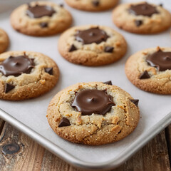 street art, golden brown chocolate chip cookies on a wooden baking sheet