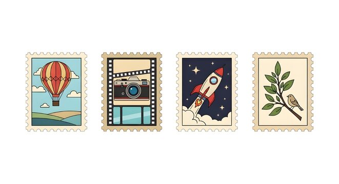 Vibrant travel and adventure icons in vintage postage stamp designs