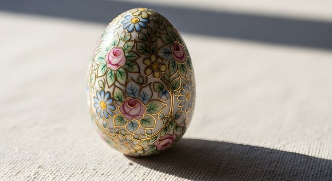 Floral Decorated Ceramic Egg Macro Shot with Beautiful Details