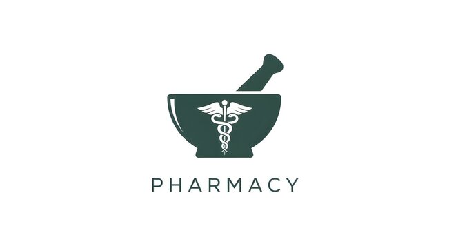 Green pharmacy logo with caduceus symbol on mortar and pestle
