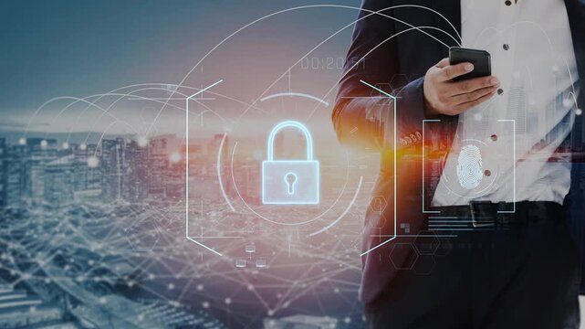 Digital cyber security lock system highlighting data security encryption, cyber password protection, fingerprint ID, cloud storage safety, and cyber security for online access Marrow